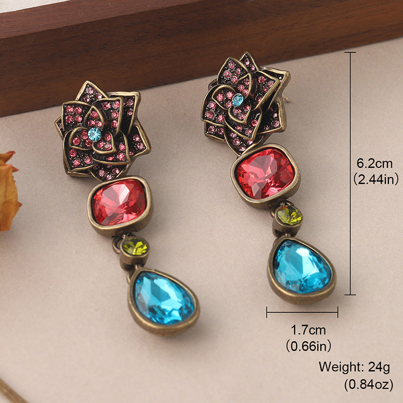 1 Pair Vintage Style Camellia Plating Inlay Ancient Bronze Rhinestones Glass Ancient Bronze Earrings