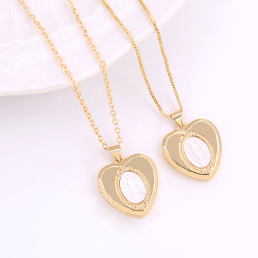Ig Style Virgin Mary Heart Shape Shell Copper Plating Inlay Carving Shell 18k Gold Plated Pendant Necklace