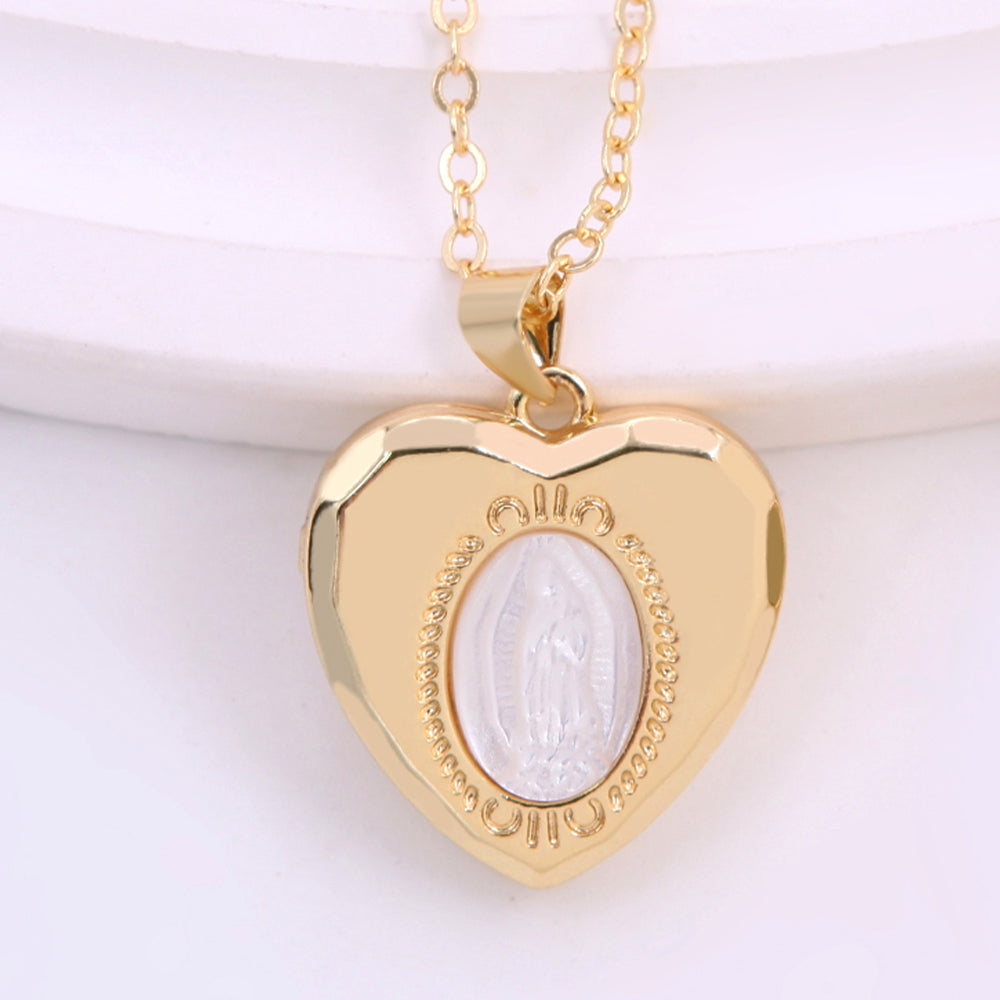 Ig Style Virgin Mary Heart Shape Shell Copper Plating Inlay Carving Shell 18k Gold Plated Pendant Necklace