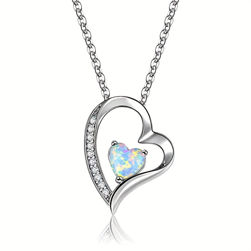 Copper White Gold Plated Elegant Heart Shape Plating Inlay Opal Pendant Necklace