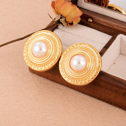 1 Pair Elegant French Style Round Copper Pearl 18k Gold Plated Ear Studs