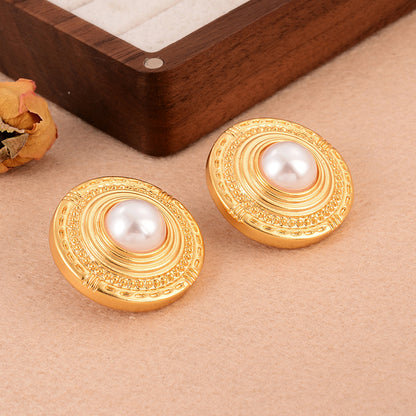 1 Pair Elegant French Style Round Copper Pearl 18k Gold Plated Ear Studs