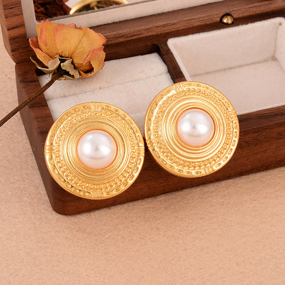 1 Pair Elegant French Style Round Copper Pearl 18k Gold Plated Ear Studs