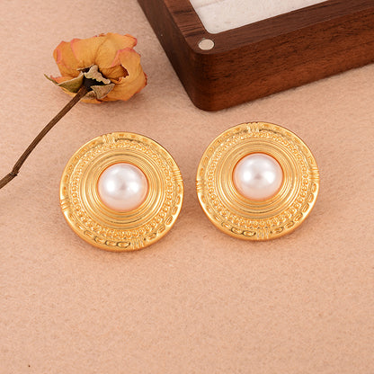 1 Pair Elegant French Style Round Copper Pearl 18k Gold Plated Ear Studs