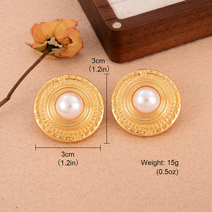 1 Pair Elegant French Style Round Copper Pearl 18k Gold Plated Ear Studs