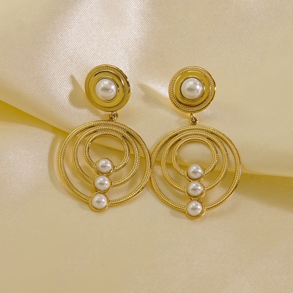 1 Pair Elegant Round Plating Inlay Stainless Steel Titanium Steel Artificial Pearls 14k Gold Plated Drop Earrings