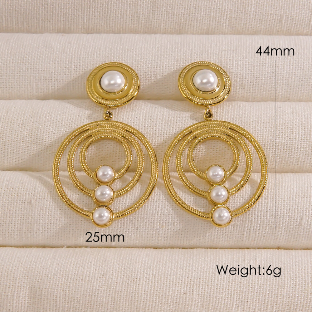 1 Pair Elegant Round Plating Inlay Stainless Steel Titanium Steel Artificial Pearls 14k Gold Plated Drop Earrings