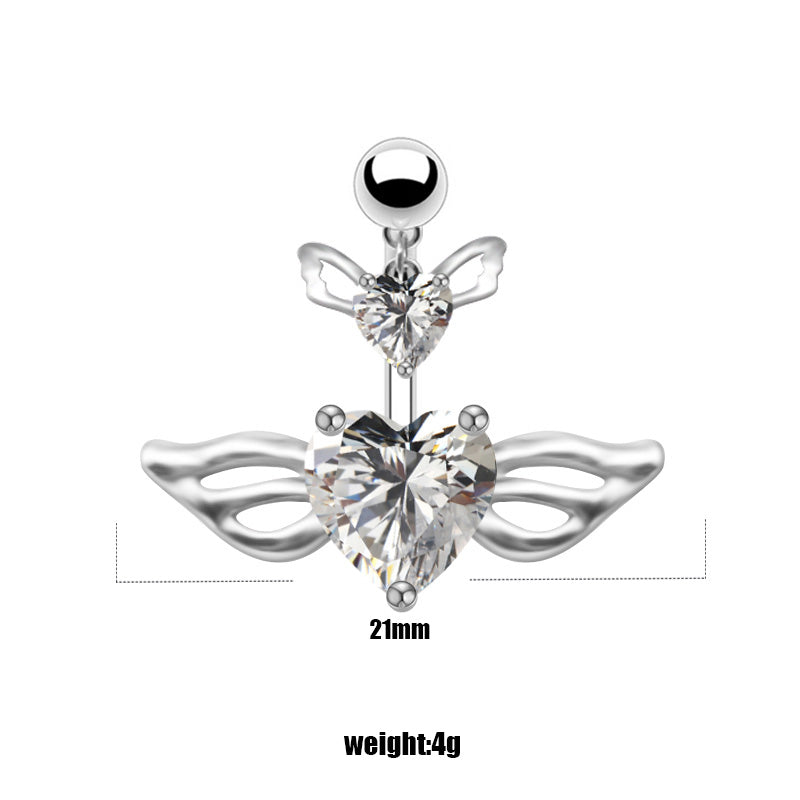 Elegant Luxurious Classic Style Heart Shape Wings Butterfly Stainless Steel White Gold Plated Rhinestones Glass Stone Zircon Belly Ring In Bulk