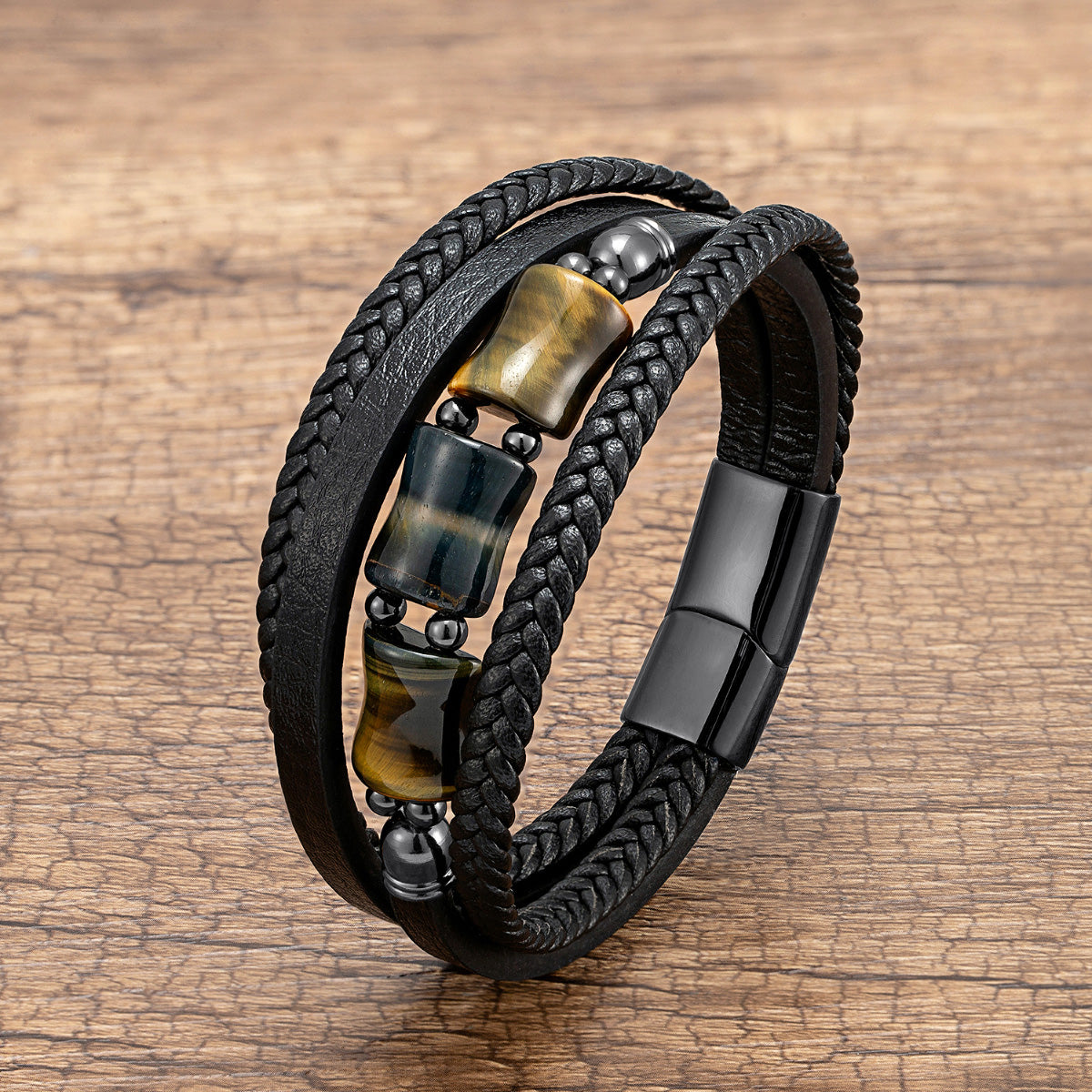 Vintage Style Punk Geometric Leather Rope Stone Metal Layered Handmade Men's Bracelets