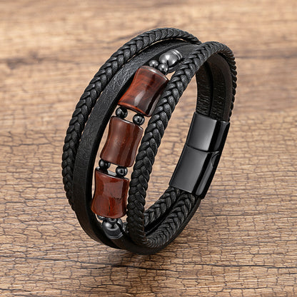 Vintage Style Punk Geometric Leather Rope Stone Metal Layered Handmade Men's Bracelets