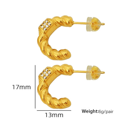 1 Pair Elegant Vintage Style Simple Style C Shape Plating Pleated Inlay Titanium Steel Rhinestones 18k Gold Plated Ear Studs