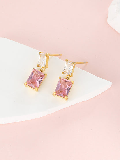 1 Pair Simple Style Shiny Rectangle Plating Inlay Stainless Steel Zircon 18k Gold Plated Drop Earrings