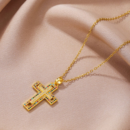 Simple Style Cross Copper Plating Inlay Zircon 18k Gold Plated Pendant Necklace