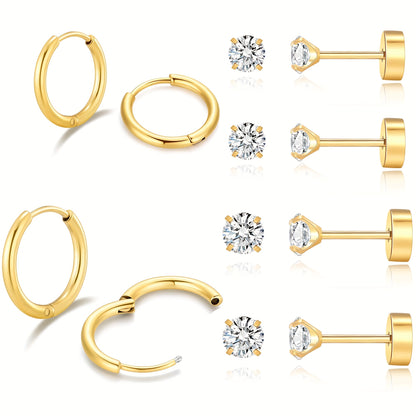 6 Pairs Lady Solid Color Plating Inlay Stainless Steel Zircon 14k Gold Plated Ear Studs