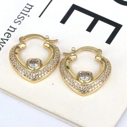 1 Pair Simple Style Shiny Heart Shape Plating Inlay Copper Artificial Rhinestones Zircon 18k Gold Plated Hoop Earrings