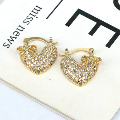 1 Pair Simple Style Shiny Heart Shape Plating Inlay Copper Artificial Rhinestones Zircon 18k Gold Plated Hoop Earrings