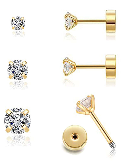 3 Pairs Simple Style Solid Color Plating Inlay Stainless Steel Zircon 14k Gold Plated Ear Studs