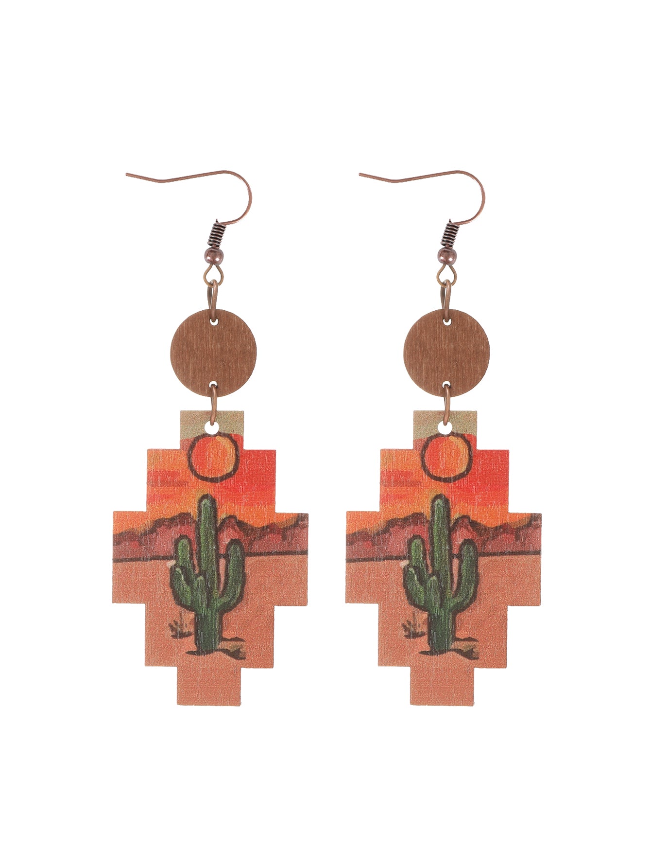 1 Pair Vintage Style Ethnic Style Cactus Sunflower Sun Printing Wood Drop Earrings