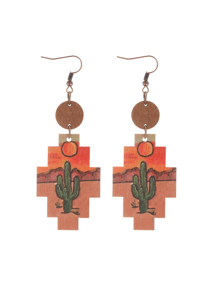 1 Pair Vintage Style Ethnic Style Cactus Sunflower Sun Printing Wood Drop Earrings