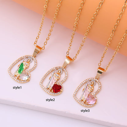 Shiny Human Heart Shape Copper Enamel Plating Inlay Gem Zircon 18k Gold Plated Pendant Necklace