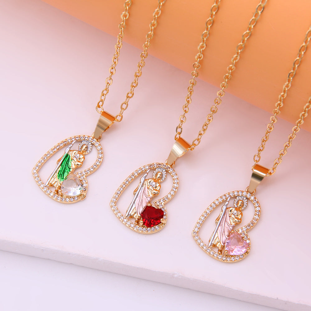 Shiny Human Heart Shape Copper Enamel Plating Inlay Gem Zircon 18k Gold Plated Pendant Necklace