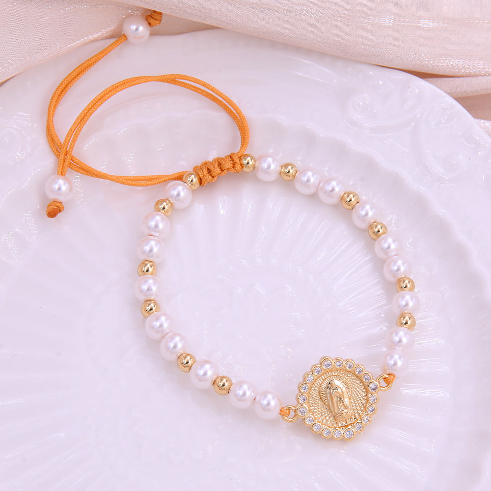 Ig Style Elegant Portrait 18k Gold Plated Zircon Imitation Pearl Rope Copper Wholesale Bracelets