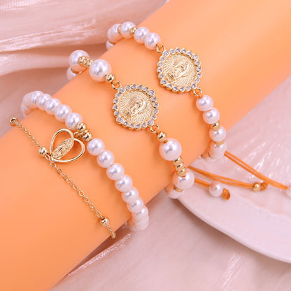 Ig Style Elegant Portrait 18k Gold Plated Zircon Imitation Pearl Rope Copper Wholesale Bracelets