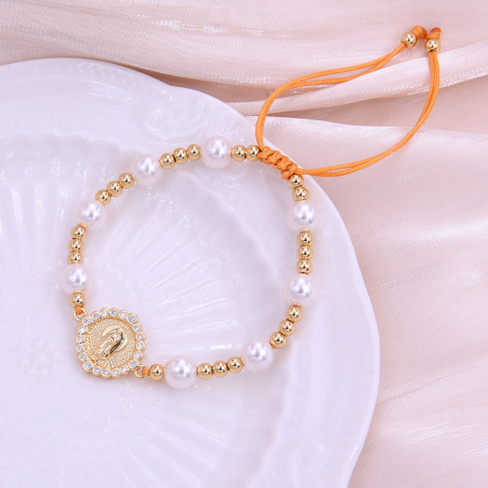 Ig Style Elegant Portrait 18k Gold Plated Zircon Imitation Pearl Rope Copper Wholesale Bracelets