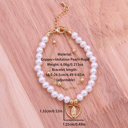 Ig Style Elegant Portrait 18k Gold Plated Zircon Imitation Pearl Rope Copper Wholesale Bracelets