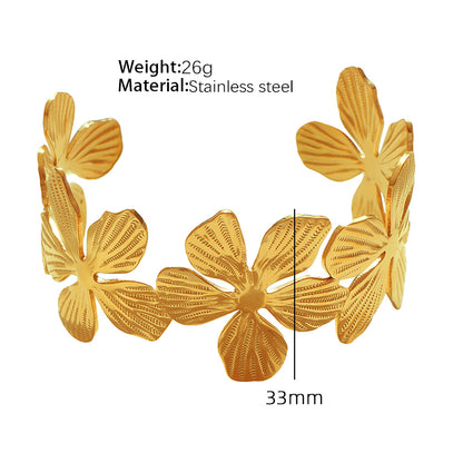 Vintage Style Punk Double Ring Waves Floral Titanium Steel Plating 18k Gold Plated Bangle