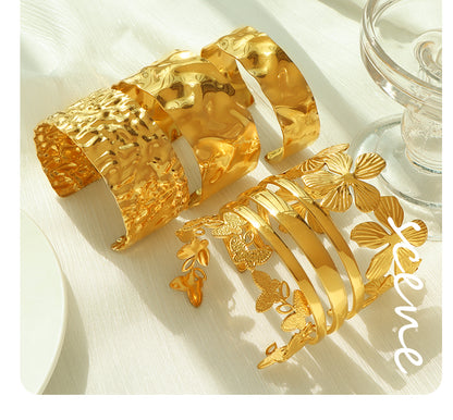 Vintage Style Punk Double Ring Waves Floral Titanium Steel Plating 18k Gold Plated Bangle