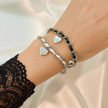 Simple Style Heart Shape Owl Lock Alloy Rope Knitting Inlay Rhinestones Women's Bracelets