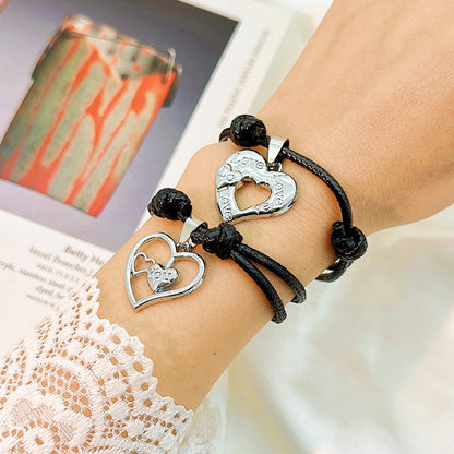 Simple Style Heart Shape Owl Lock Alloy Rope Knitting Inlay Rhinestones Women's Bracelets