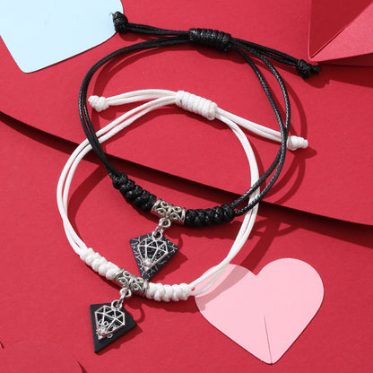 Simple Style Heart Shape Owl Lock Alloy Rope Knitting Inlay Rhinestones Women's Bracelets