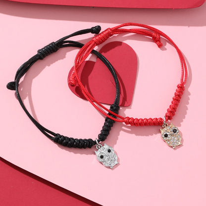 Simple Style Heart Shape Owl Lock Alloy Rope Knitting Inlay Rhinestones Women's Bracelets