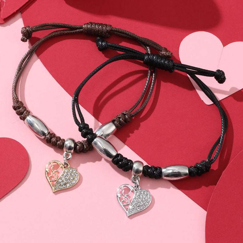 Simple Style Heart Shape Owl Lock Alloy Rope Knitting Inlay Rhinestones Women's Bracelets