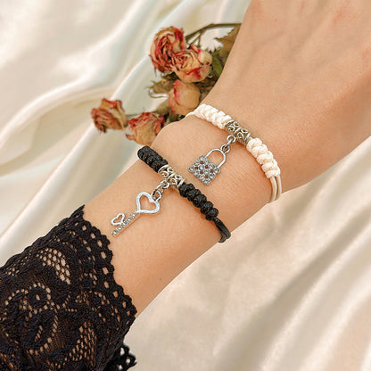 Simple Style Heart Shape Owl Lock Alloy Rope Knitting Inlay Rhinestones Women's Bracelets