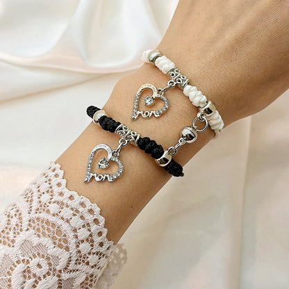 Simple Style Heart Shape Owl Lock Alloy Rope Knitting Inlay Rhinestones Women's Bracelets