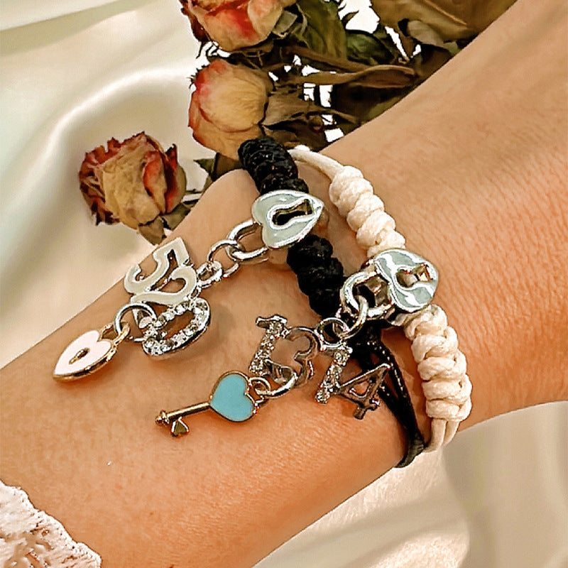 Simple Style Heart Shape Owl Lock Alloy Rope Knitting Inlay Rhinestones Women's Bracelets