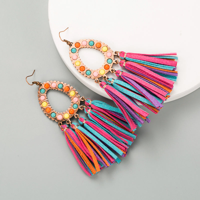 1 Pair Elegant Luxurious Bohemian Oval Tassel Plating Inlay Pu Leather Turquoise Gold Plated Drop Earrings