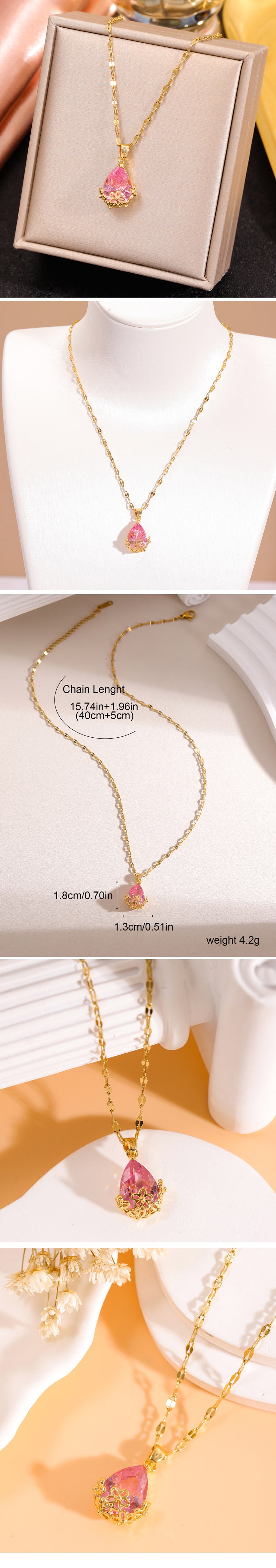 Ig Style Sweet Water Droplets Copper Inlay Zircon Pendant Necklace