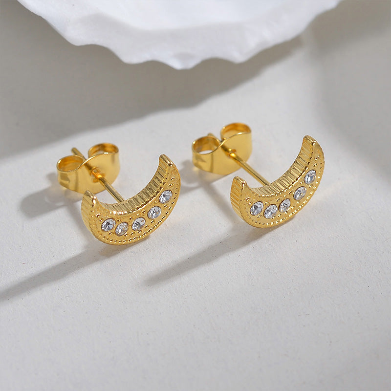 1 Pair Elegant Simple Style Moon Plating Inlay Stainless Steel Zircon 18k Gold Plated Ear Studs