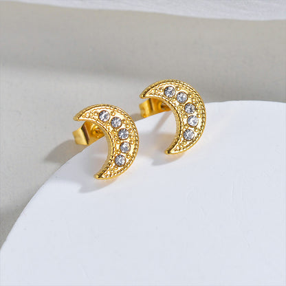 1 Pair Elegant Simple Style Moon Plating Inlay Stainless Steel Zircon 18k Gold Plated Ear Studs