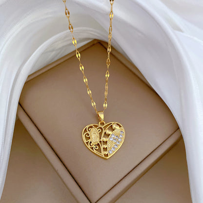 Sweet Simple Style Heart Shape Artificial Gemstones Titanium Steel Copper Inlay Artificial Gemstones Pendant Necklace