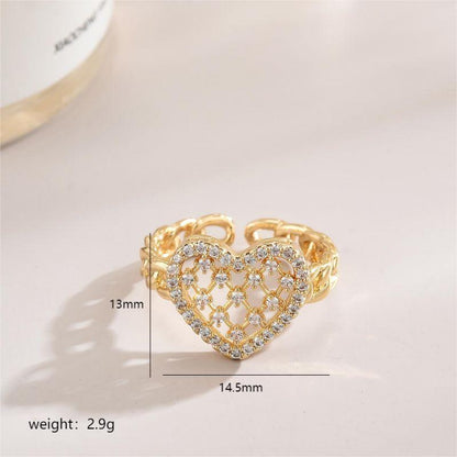 Sweet Simple Style Star Heart Shape Stainless Steel Copper Plating Zircon 18k Gold Plated White Gold Plated Adjustable Ring