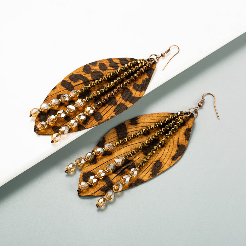 1 Pair Vintage Style Leaves Leopard Inlay Artificial Crystal Pu Leather Artificial Crystal Drop Earrings