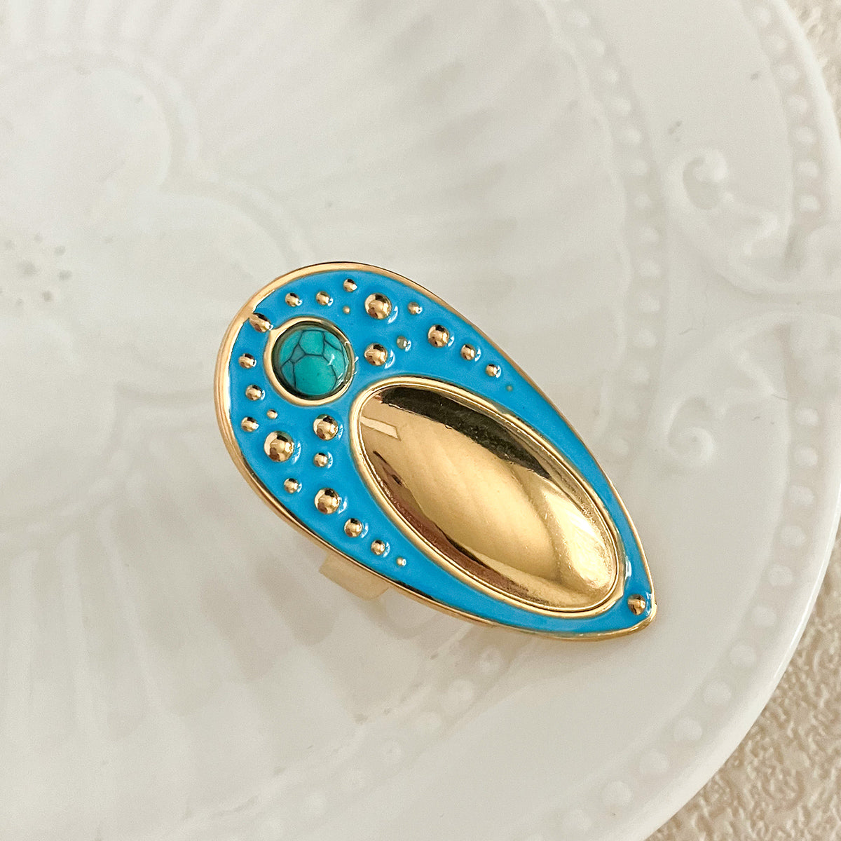 Ethnic Style Geometric Stainless Steel Enamel Plating Inlay Turquoise Gold Plated Open Rings