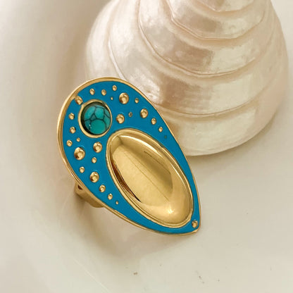 Ethnic Style Geometric Stainless Steel Enamel Plating Inlay Turquoise Gold Plated Open Rings