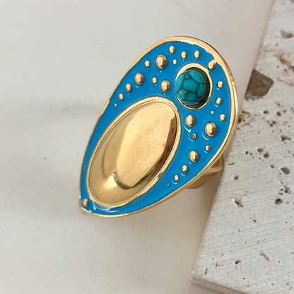 Ethnic Style Geometric Stainless Steel Enamel Plating Inlay Turquoise Gold Plated Open Rings