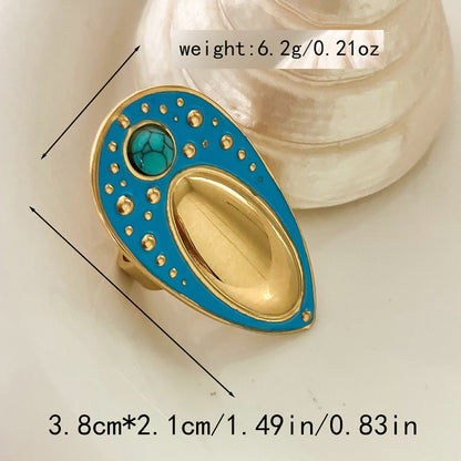 Ethnic Style Geometric Stainless Steel Enamel Plating Inlay Turquoise Gold Plated Open Rings